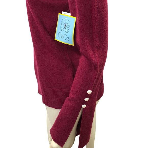 CeCe Womens Burgundy Mock Neck Sweater With Pearl Button‎ Cuffs M NWT - Picture 4 of 5